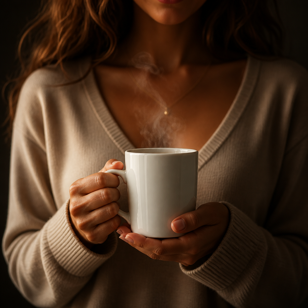 Dramatic close-up of the Radiator Mug in classic white ceramic with steam rising against a moody dark background, glowing warmly
