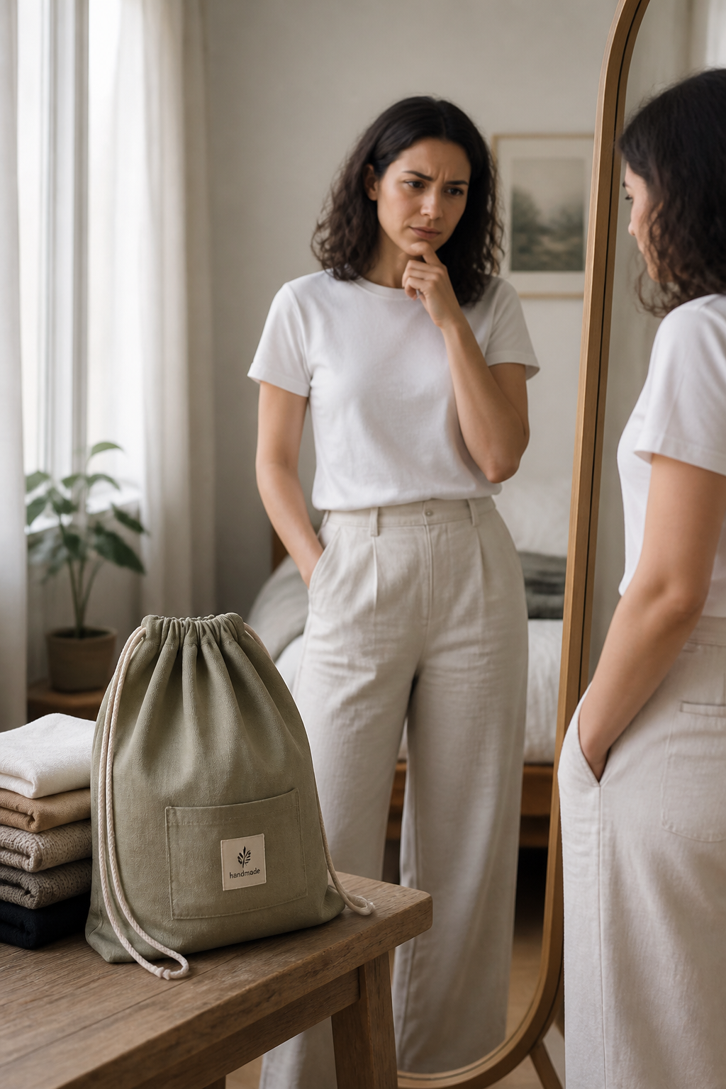 Woman wearing a basic plain outfit with no accessory, looking in the mirror with a puzzled expression in soft natural lighting