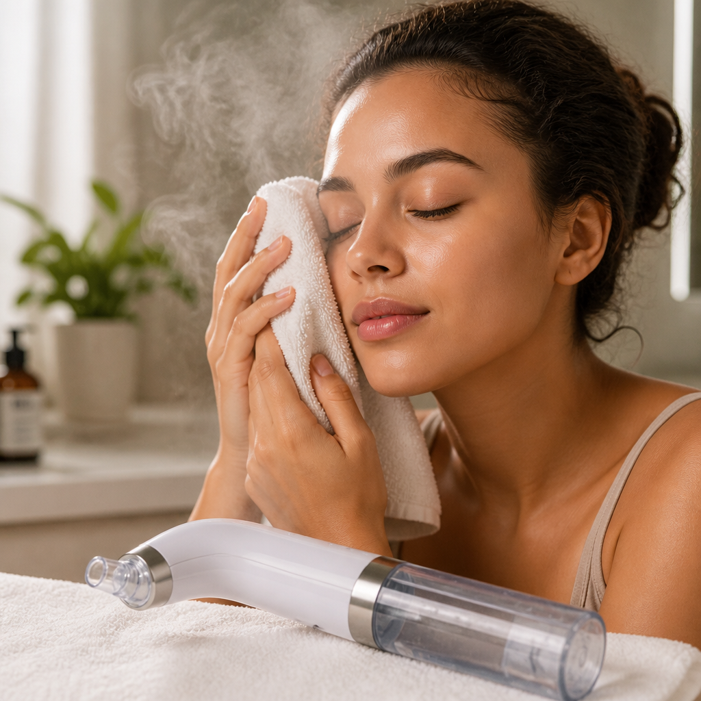Person applying warm compress to face with closed eyes relaxing, steam rising gently