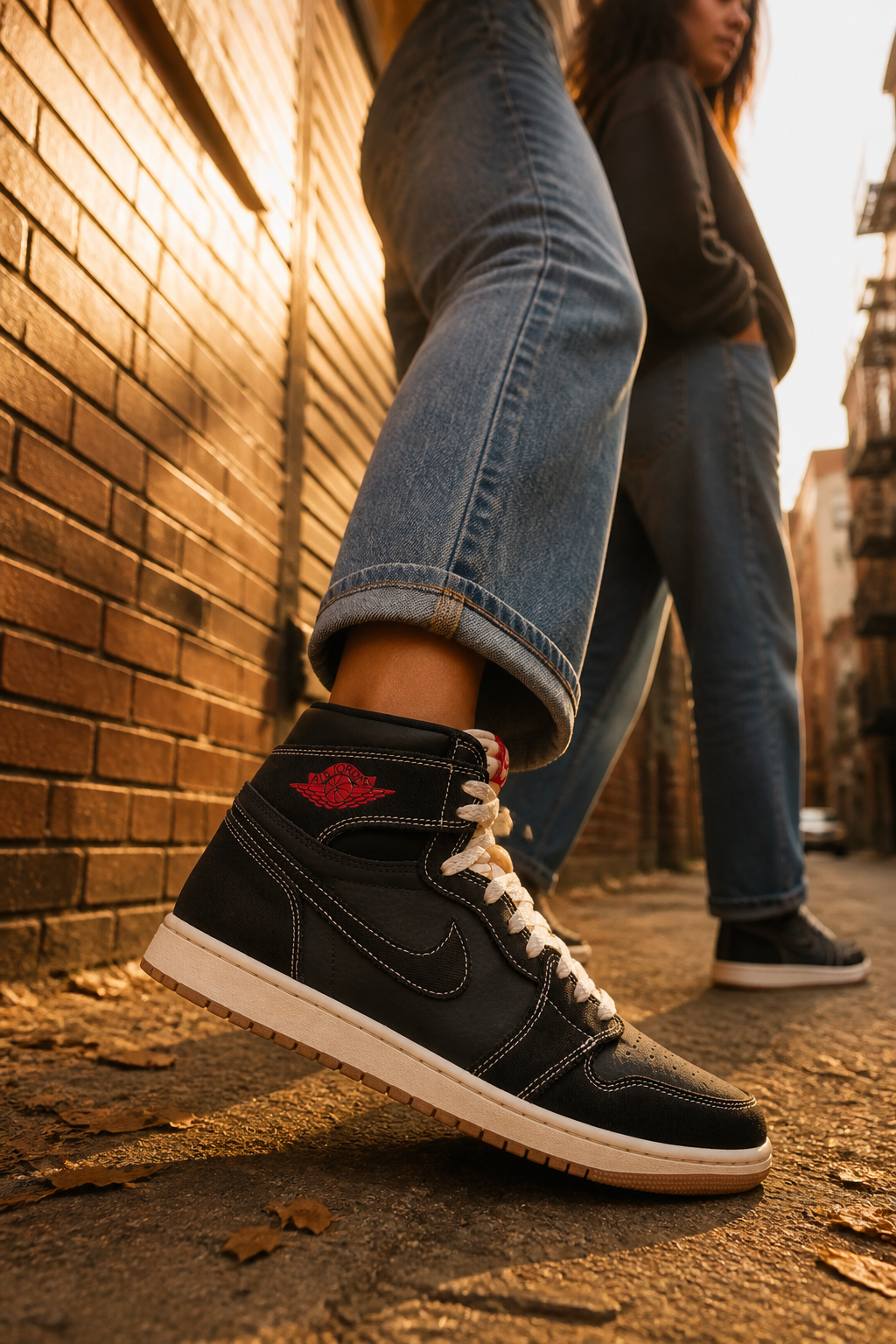 Young woman wearing Nike Total 90 Premium sneakers walking through a sunlit urban alley with golden hour reflections on brick walls