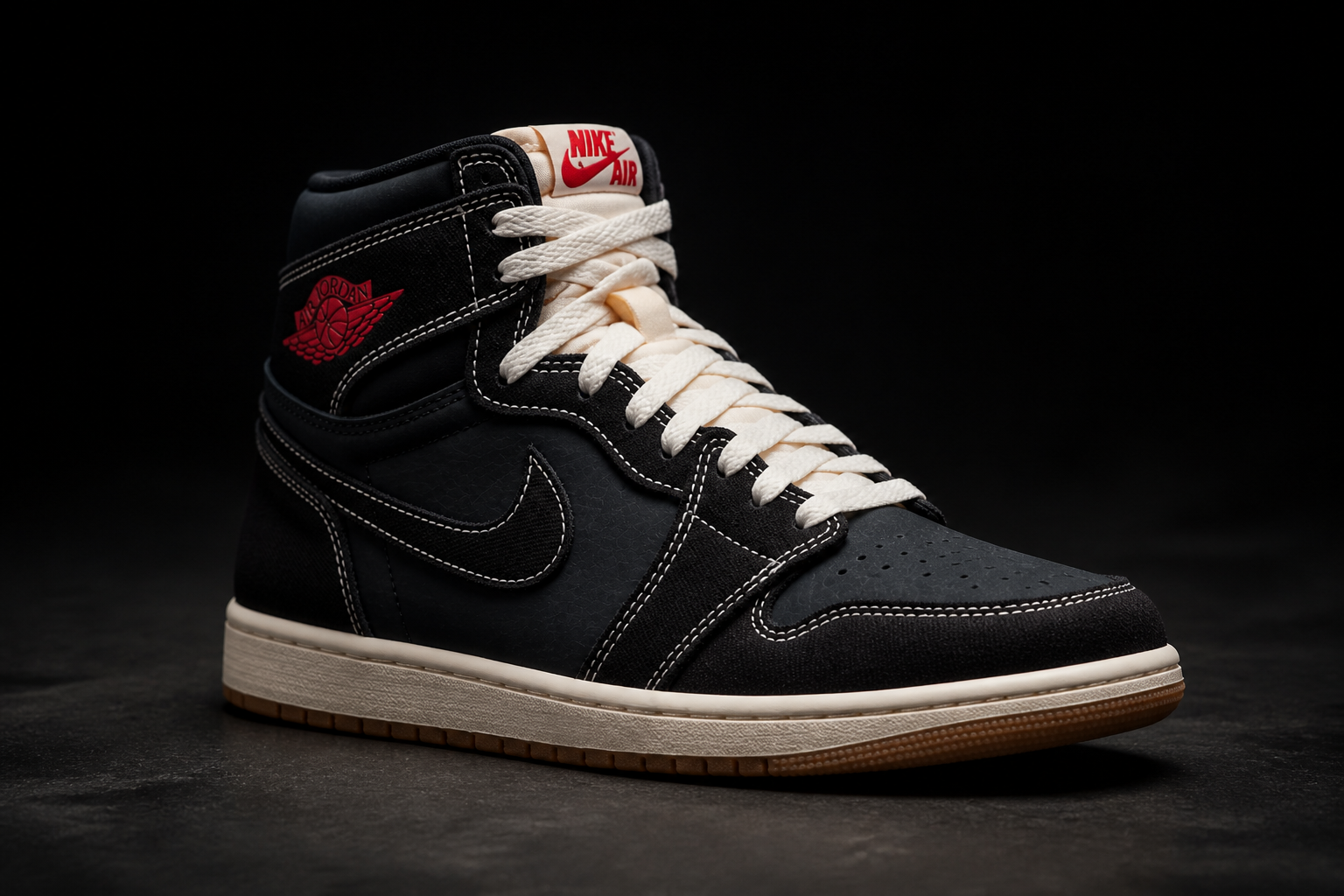 The Nike Total 90 Premium sneaker displayed at a confident three-quarter angle showing quilted leather upper and bold embroidered logo on a moody black studio backdrop