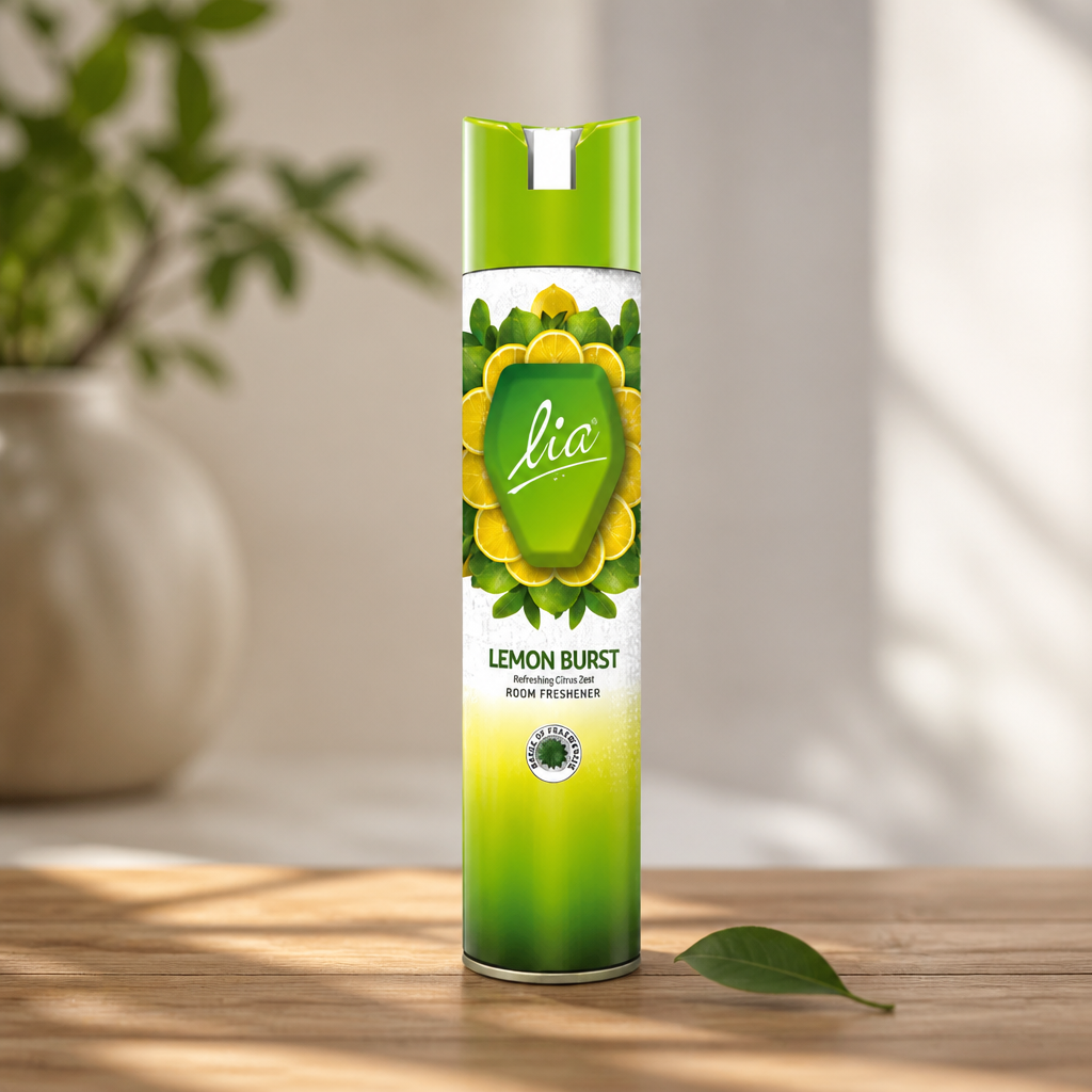 Small circular product thumbnail of a premium LIA room freshener bottle with gold cap on dark navy background, soft studio rim lighting highlighting glass contours