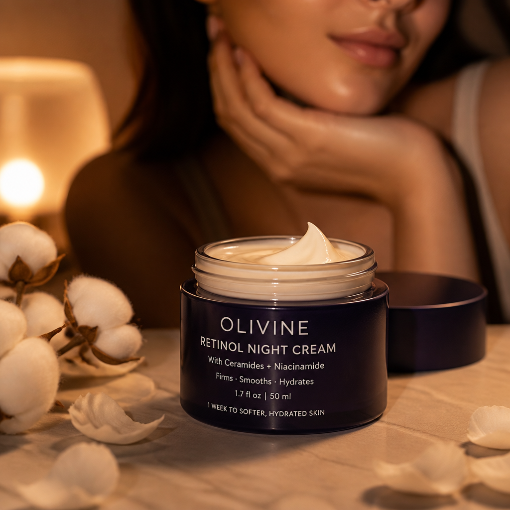 Week 1 close-up of skin showing softness and first signs of hydration glow after starting retinol night cream
