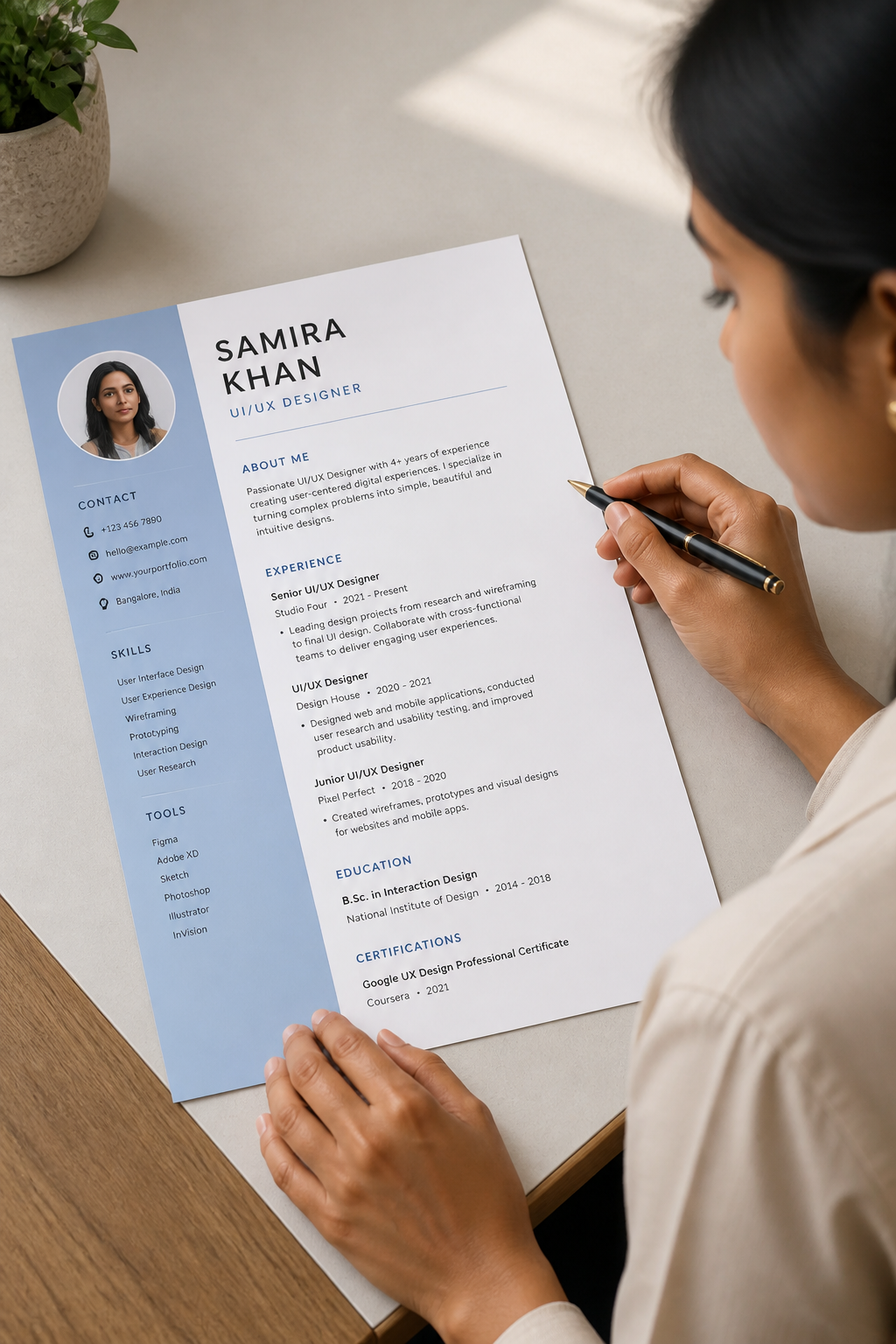 Modern clean minimal resume template with elegant blue accents, clear typography hierarchy, generous white space and a soft sidebar on a crisp white background