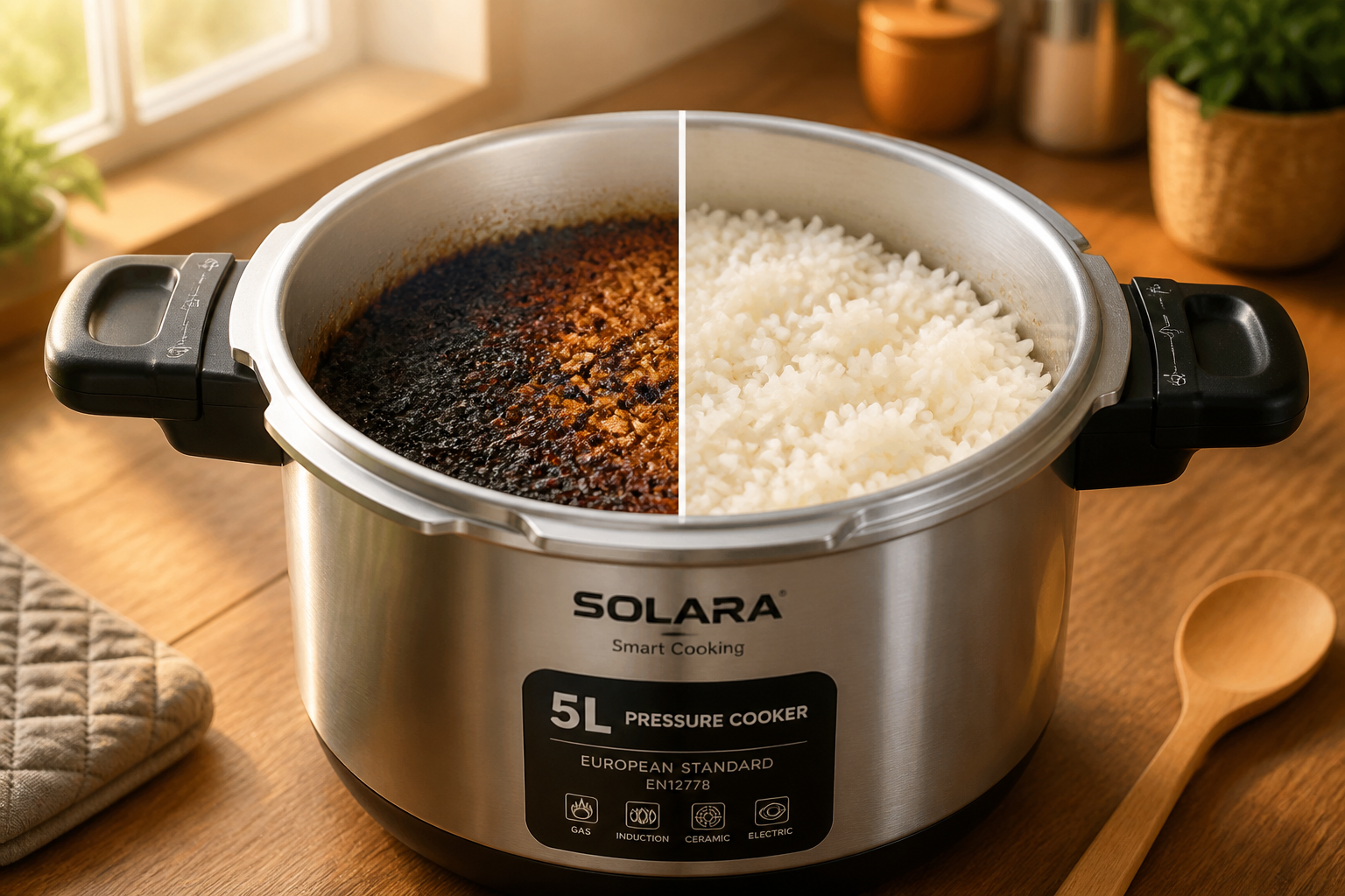 Split comparison showing traditional burnt rice on the left versus perfectly fluffy rice from the smart cooker on the right, with texture close-ups and golden color comparison