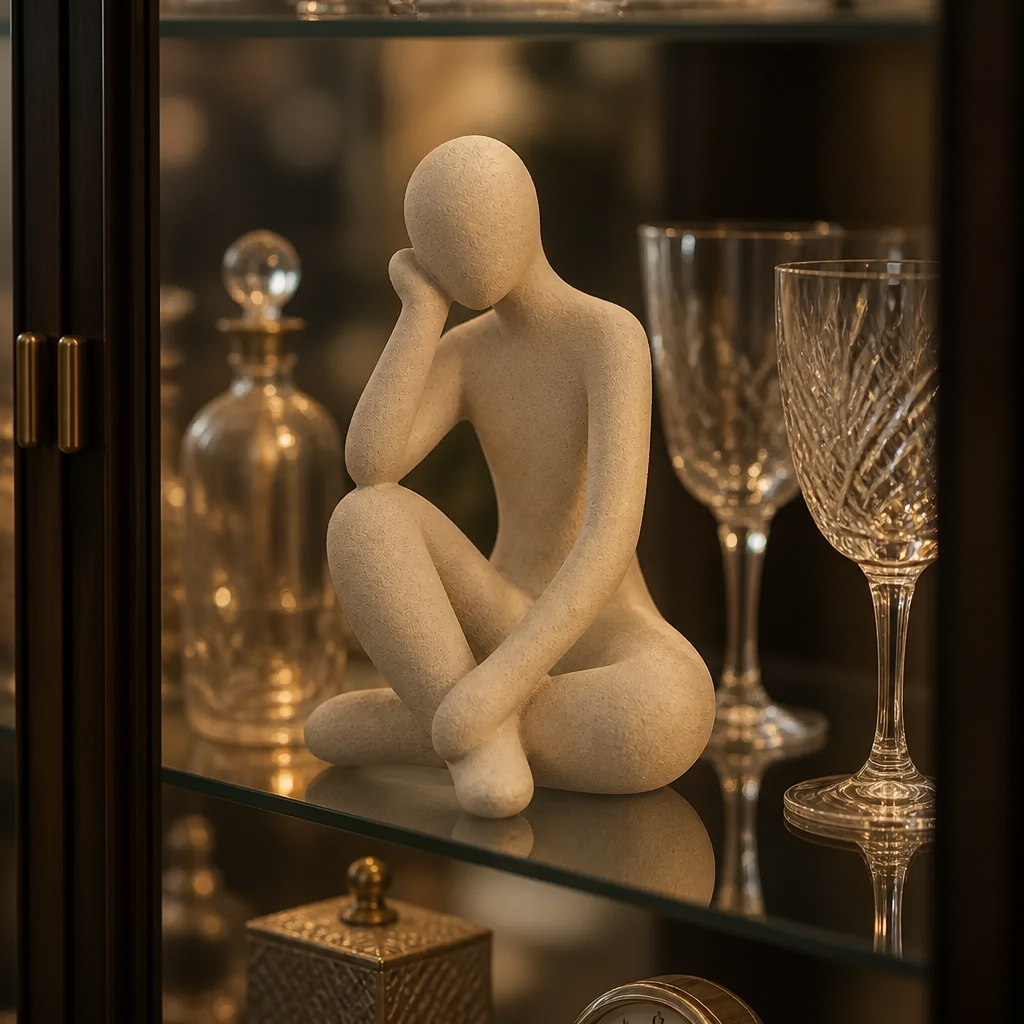 A luxurious glass cabinet displaying the Abstract Thought Thinker Accent Resin alongside elegant crystal glasses and decorative items