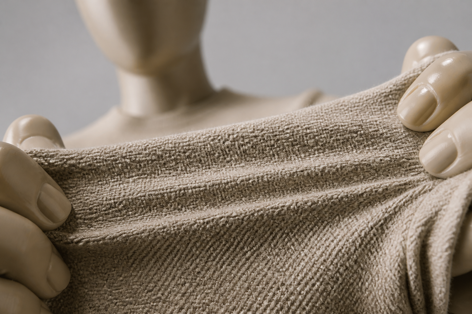 Close-up of a stiff rough synthetic fabric being stretched showing poor quality weave and uncomfortable scratchy texture on a generic plastic mannequin