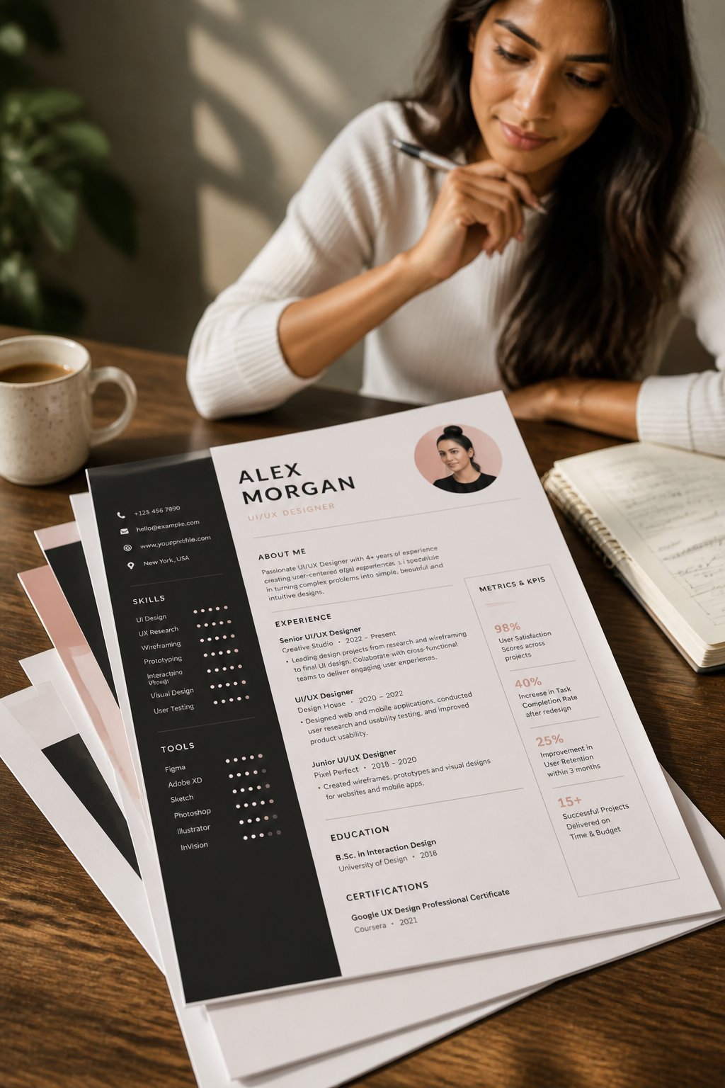 Bold high-conversion sales resume template with golden accents, results-driven metrics section, revenue KPIs and a confident modern layout