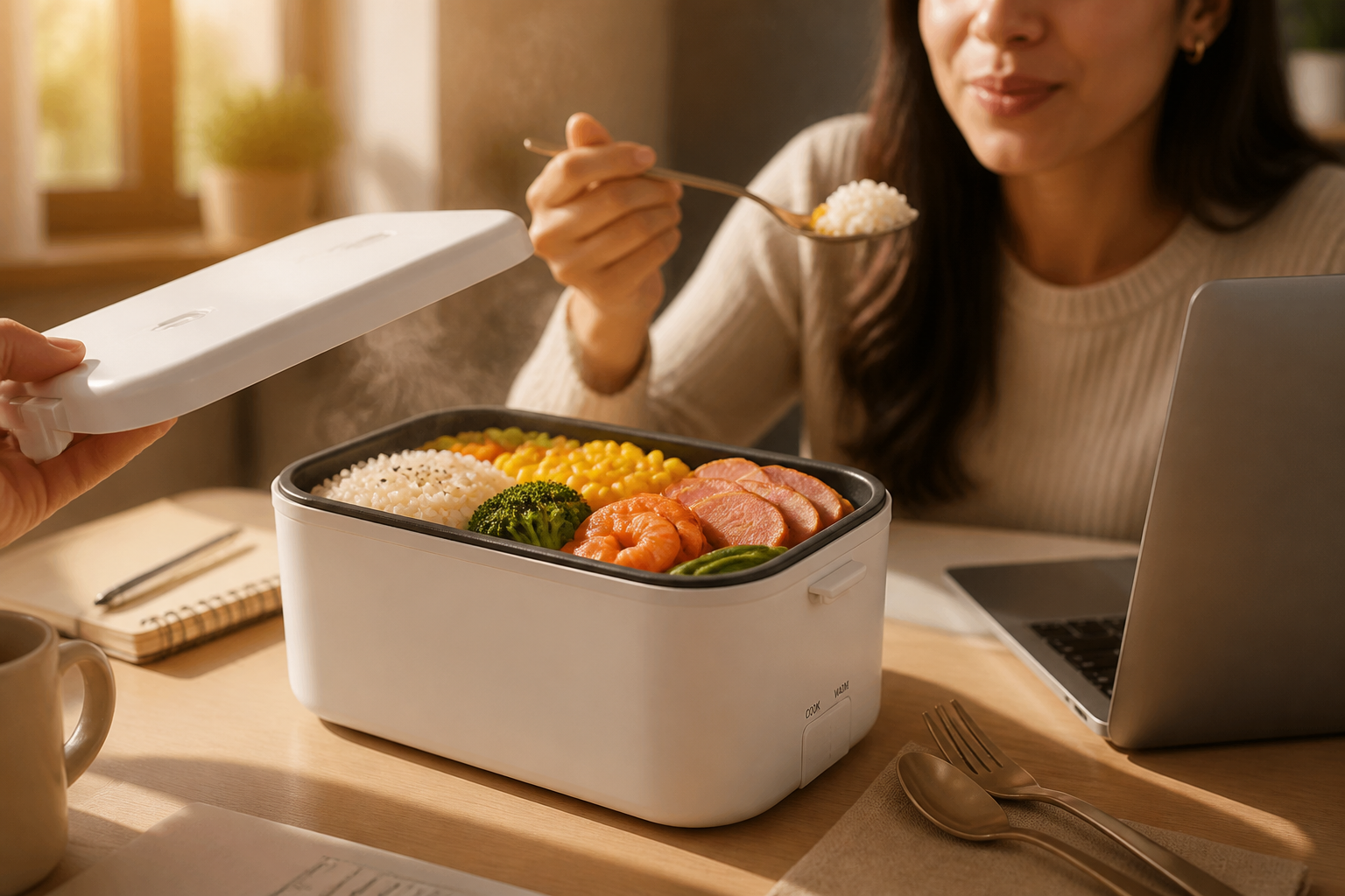 Same office worker happily eating steaming hot homemade rice from the portable cooker at her desk, laptop open, looking energized and satisfied, warm afternoon sunlight streaming in through the window