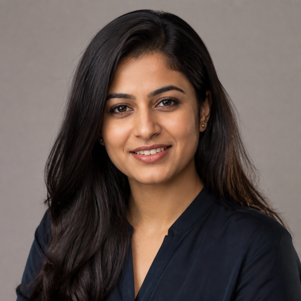Candid portrait of a young Indian woman with a warm smile, soft natural daylight, blurred city street background, relaxed and approachable mood