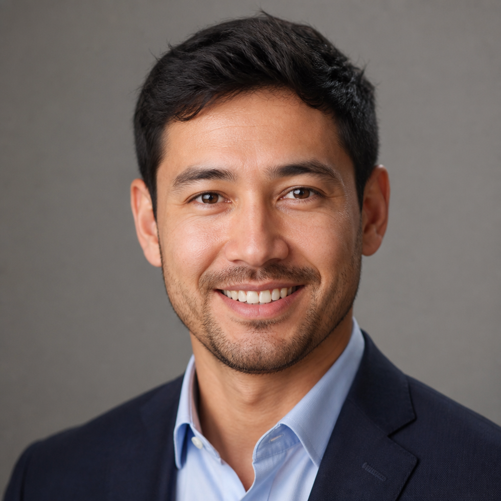 Friendly portrait of an East Asian man with short dark hair, natural daylight, soft blurred background, warm approachable expression and relaxed pose