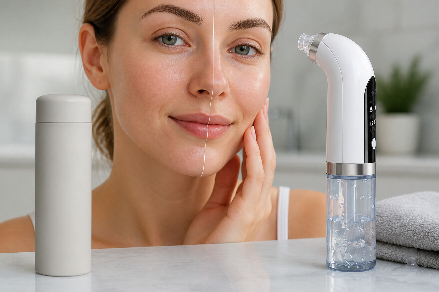 After close-up of the same woman showing visibly smoother cheek area with reduced bumps and brighter tone in same natural lighting