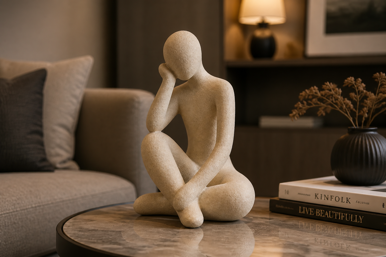Abstract Thought Thinker Accent displayed elegantly on a styled modern coffee table in a warm, inviting living room setting with soft ambient lighting