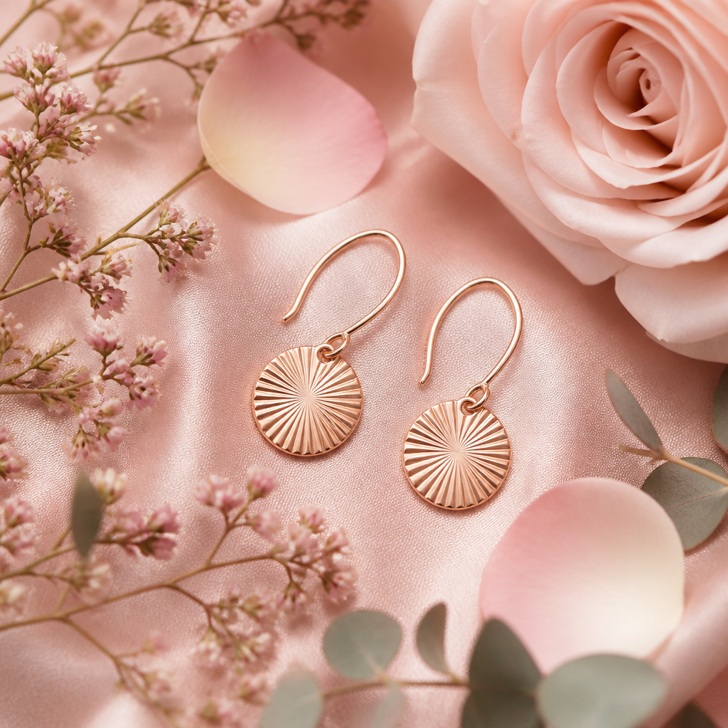 Rose gold Lumen Hook earring arranged with soft botanical sprigs on blush pink silk fabric for an editorial jewelry look