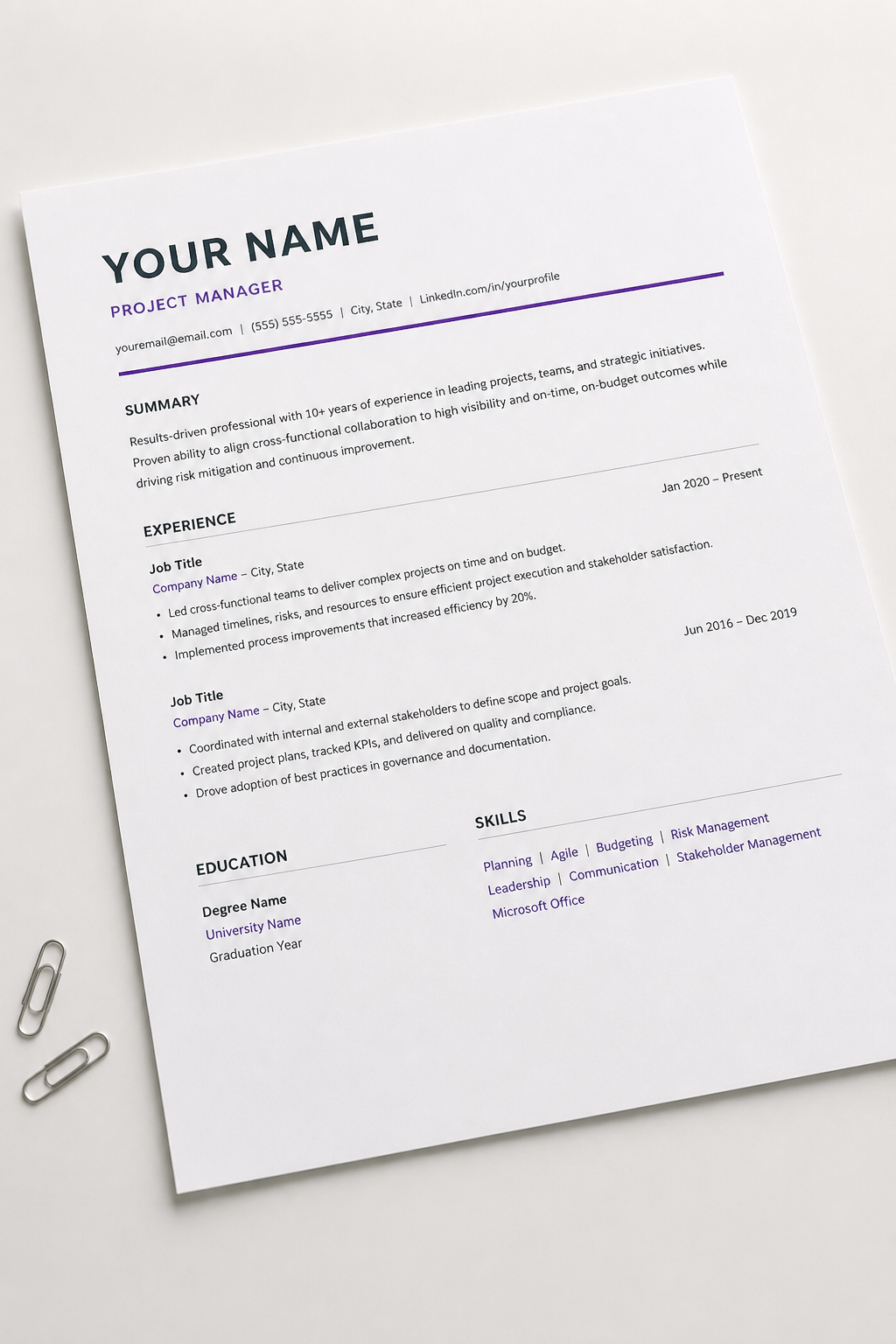 Modern minimalist resume template with clean typography and purple accent line, white background