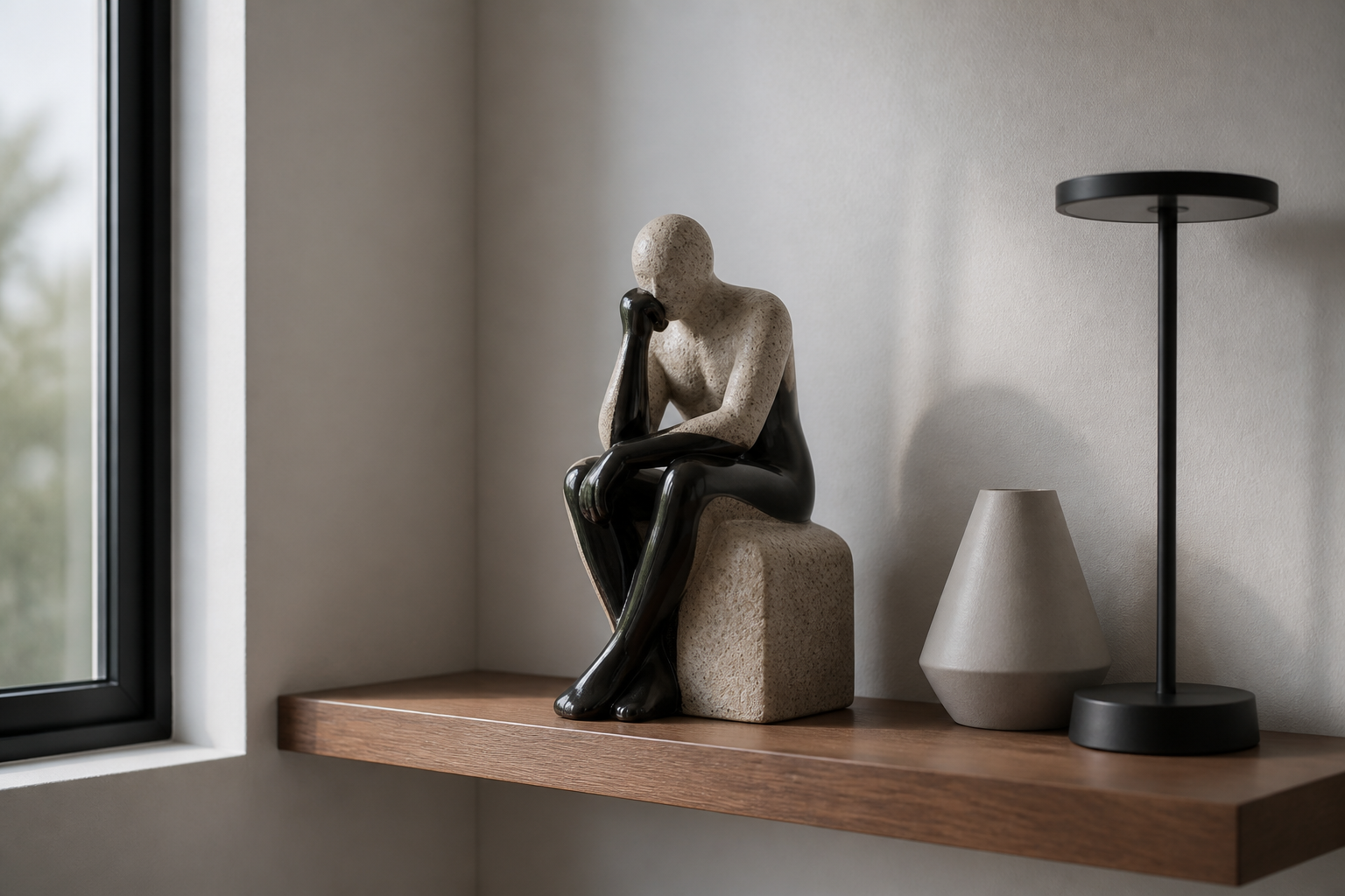 A bare bedroom corner with plain walls and minimal decoration, creating a cold and impersonal ambiance