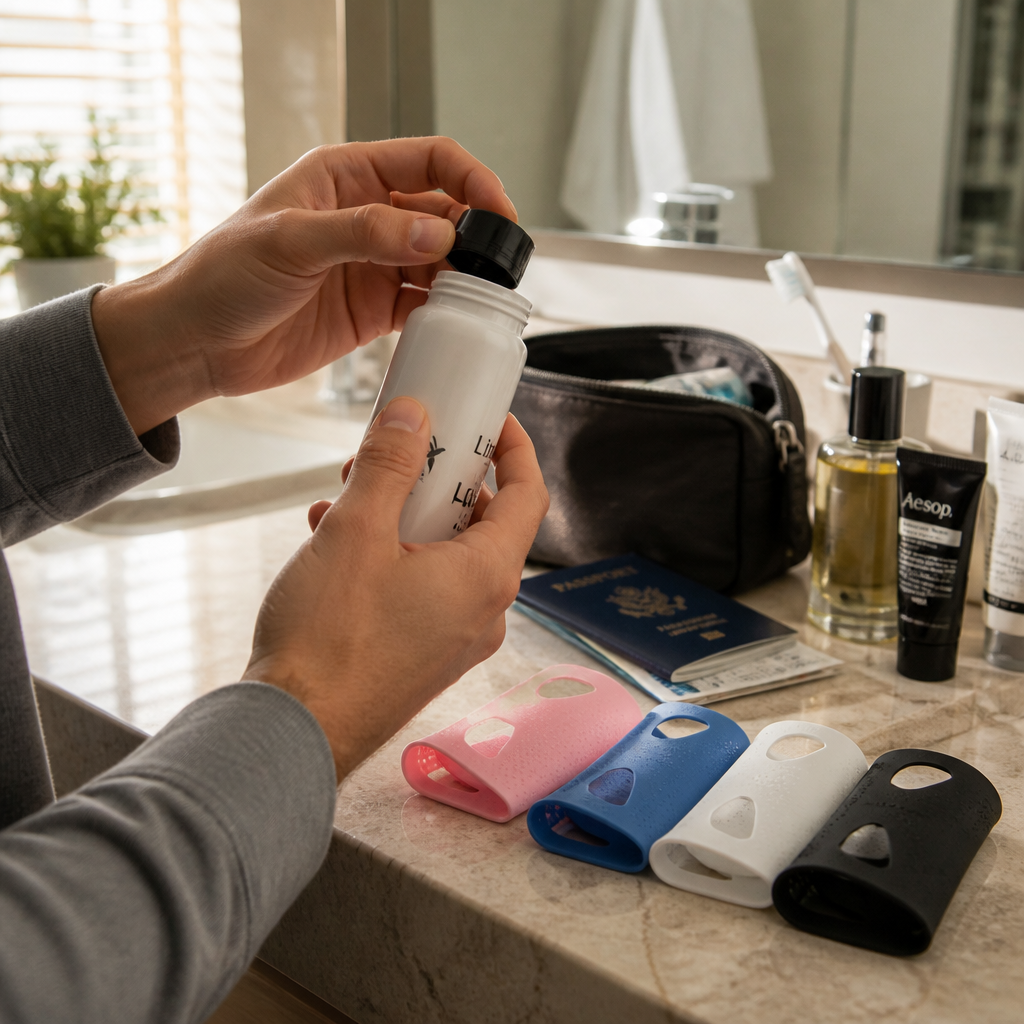 Person identifying a loose travel bottle lid that needs securing before travel