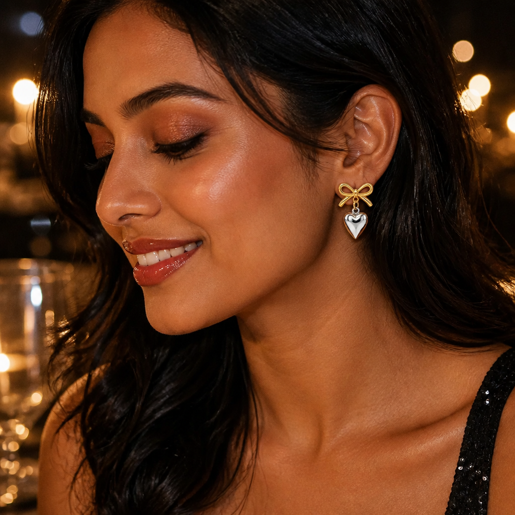 Love Heart Earrings worn at a glamorous night out with sparkling lights and evening makeup glowing