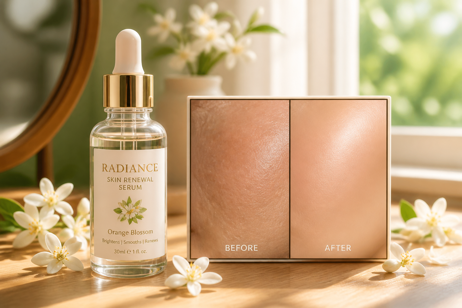 Side-by-side comparison of rough, dull skin on the left versus smooth radiant glowing skin on the right, photographed in natural morning light with orange blossom accents