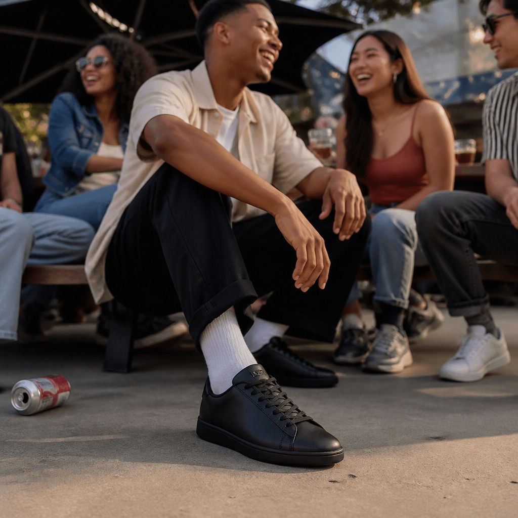 Group of friends laughing together at an outdoor venue with the person wearing PUMA Smashic sneakers prominently featured