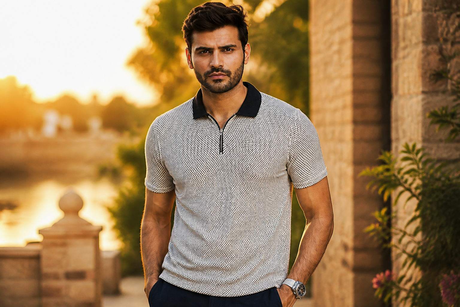 Lifestyle hero image of confident man wearing the multicolour flat-knit polo in golden-hour lighting, premium aspirational mood