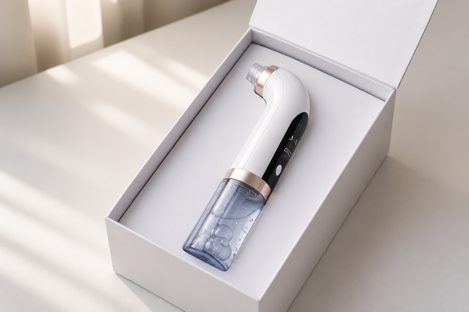 블랙헤드 제거기 단일 제품 패키지, 흰색 박스 안에 elegante한 화이트 색상의 피부 관리 기기가 들어있으며 로즈 골드 악센트로 고급스럽게 포장된 상태