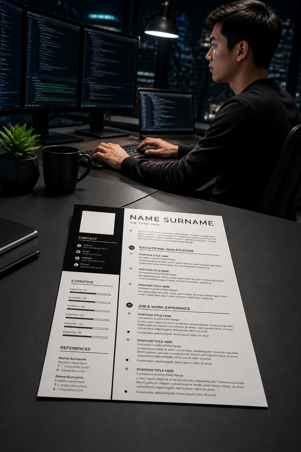 Focused Asian software engineer working at a multi-monitor setup with code on screen in a quiet modern tech office at night