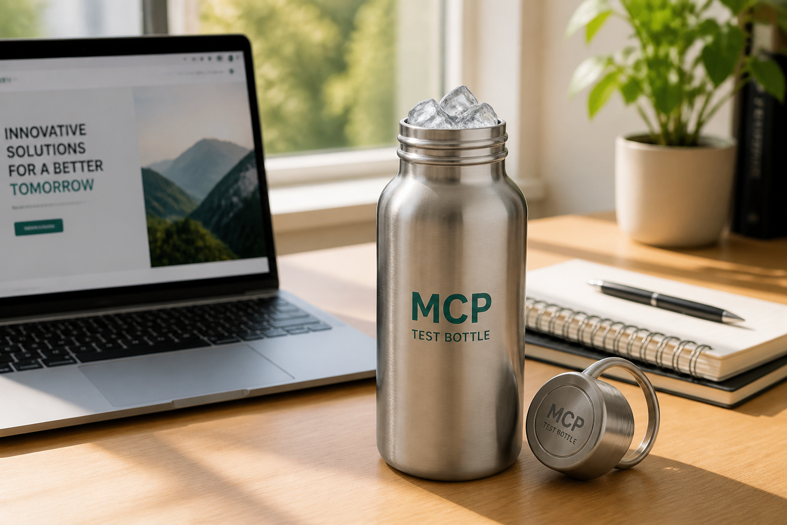 A brushed steel water bottle sitting on a sunlit office desk next to a laptop and notebook, condensation-free finish, ice cubes still visible inside through the open mouth, midday light streaming in