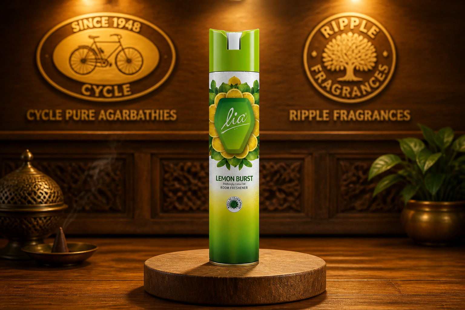Heritage wall displaying the Cycle Pure Agarbathies logo alongside Ripple Fragrances emblem with warm wooden textures and golden accent lighting evoking trust
