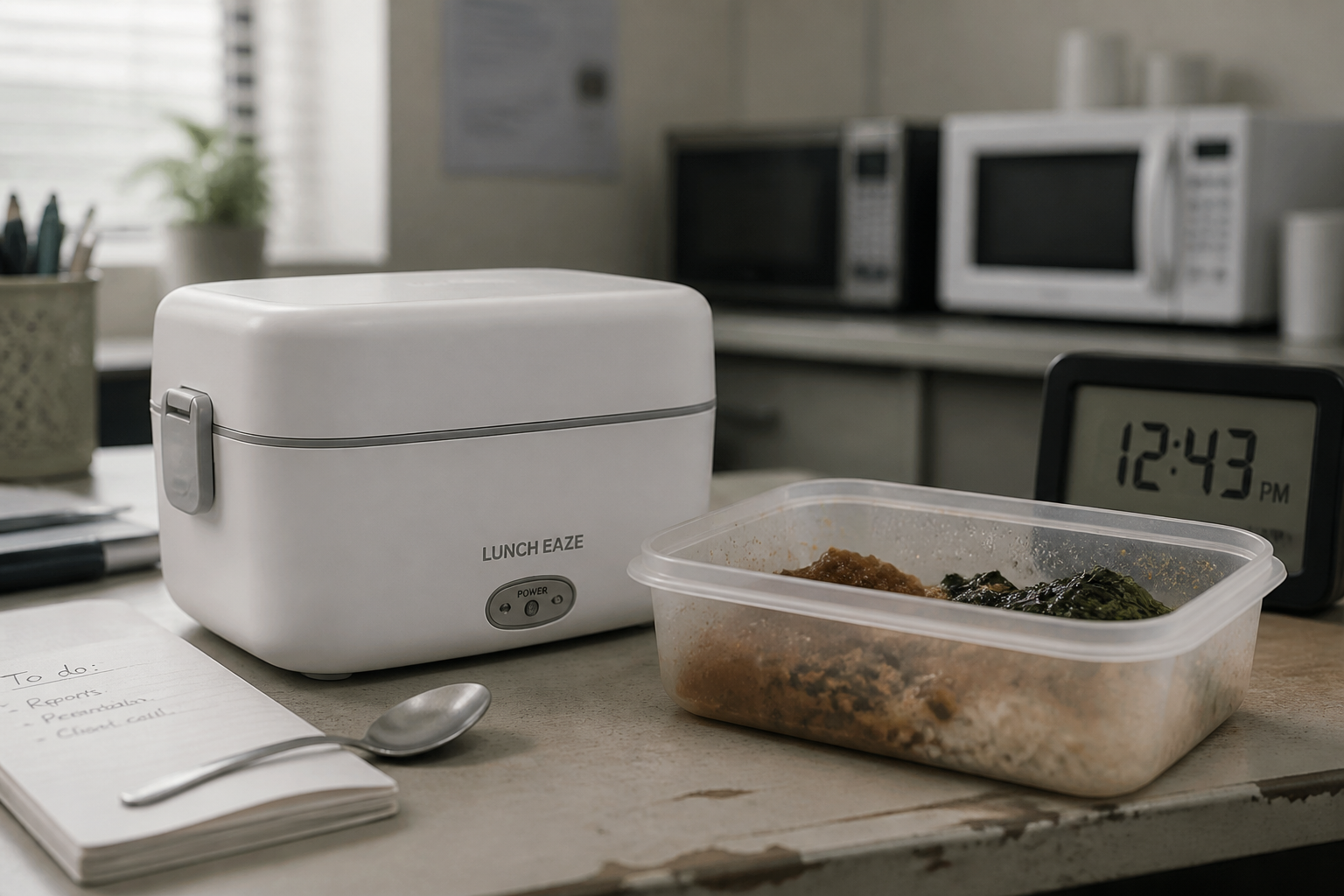 Frustrated office worker looking at a sad cold lunch in a typical plastic container with wilted greens and congealed sauce, microwave lineup visible in the blurry background, clock showing wasted lunch hour