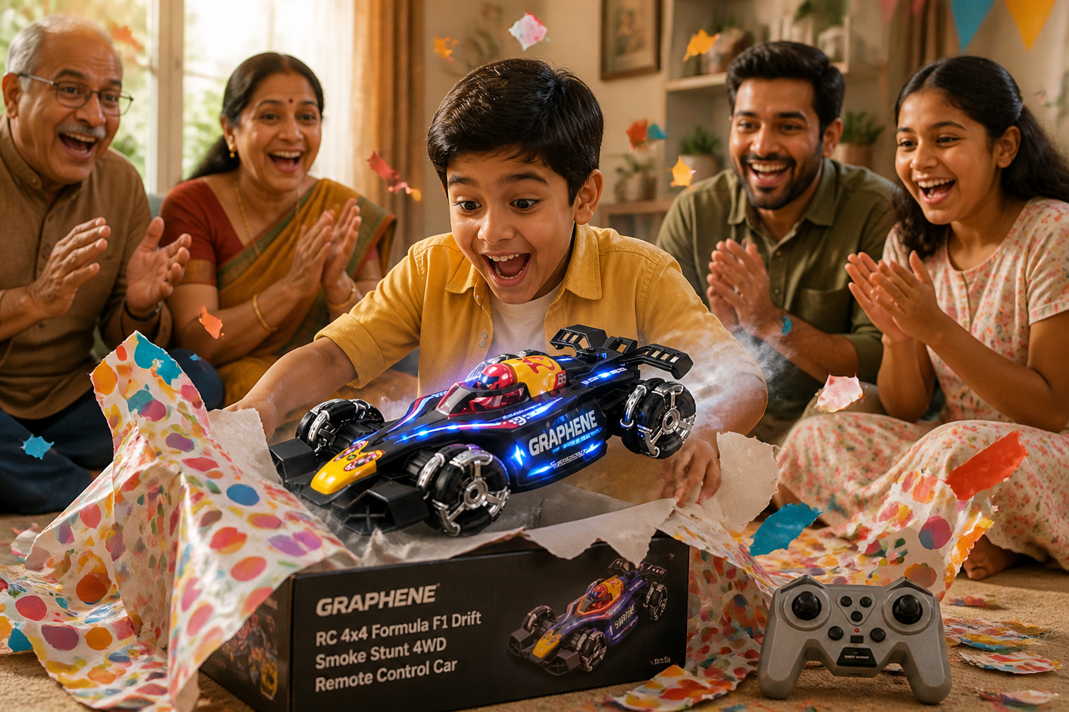 Excited Indian kid tearing open a birthday gift box with wrapping paper flying while the GRAPHENE RC stunt car zooms out of the box with family members cheering around