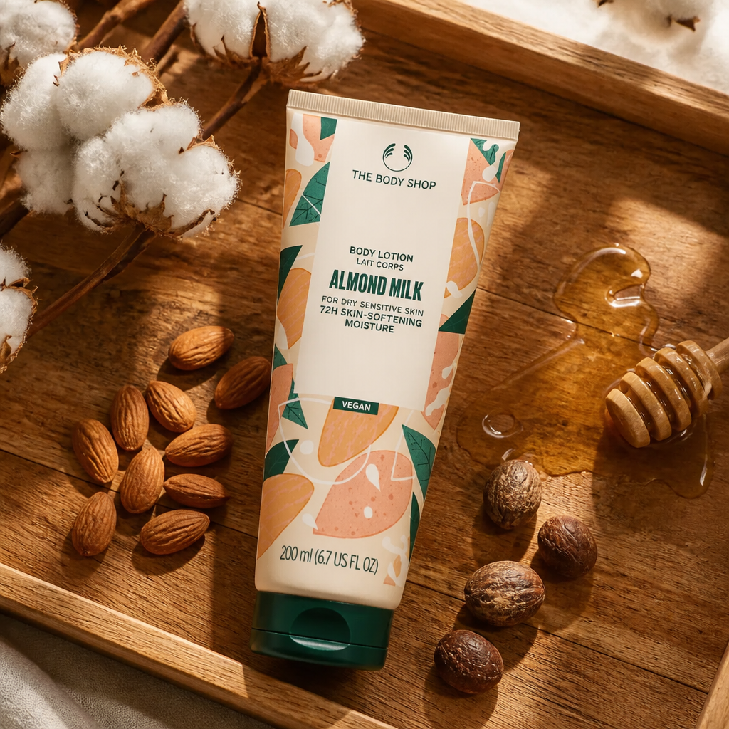 Flat-lay of organic raw almonds, shea nuts, and golden honey drizzle arranged on a warm wooden rustic tray with cotton flowers and soft sunlight