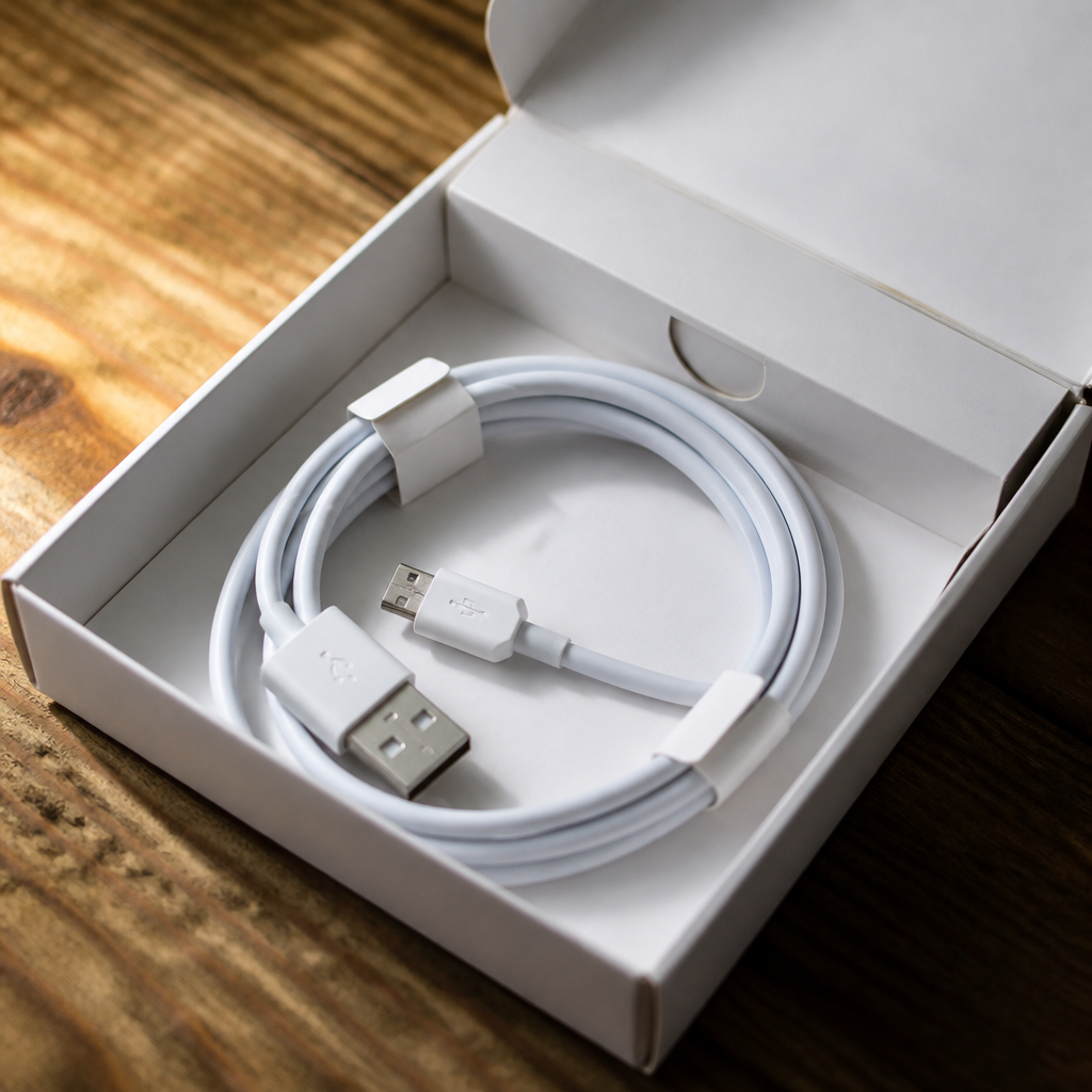 Close-up of a coiled white USB charging cable tucked inside the kit box on a wood surface next to the manual