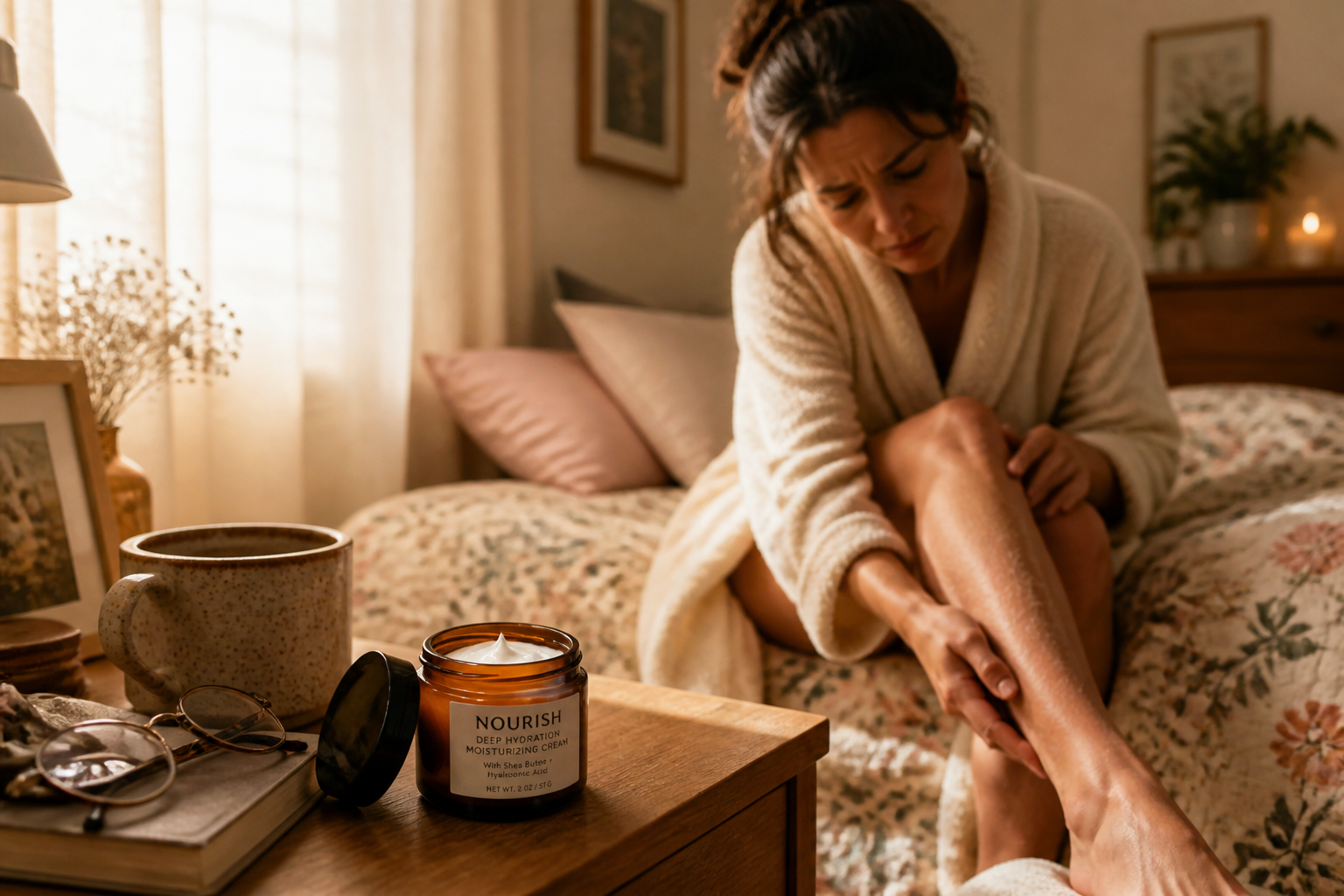 A relatable lifestyle image of a woman in a soft robe sitting on a bed looking down at her dry, flaky legs with a disappointed expression, warm bedroom interior in the background