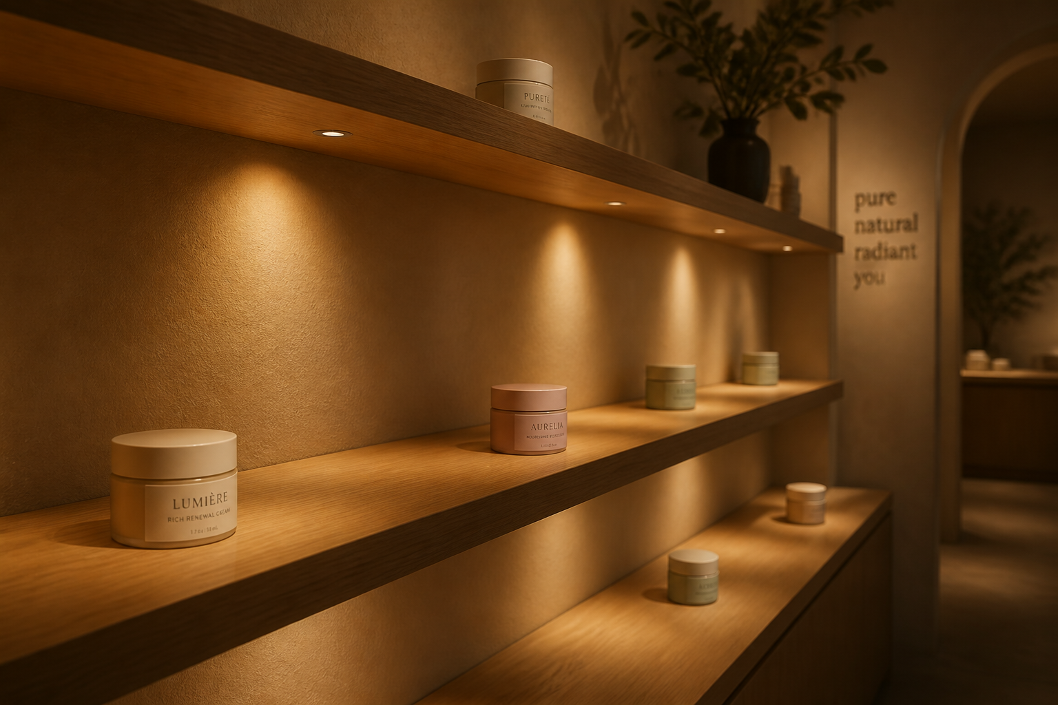 Wide dramatic shot of a nearly empty boutique-style beauty shelf with only a few cream jars remaining under soft warm spotlight