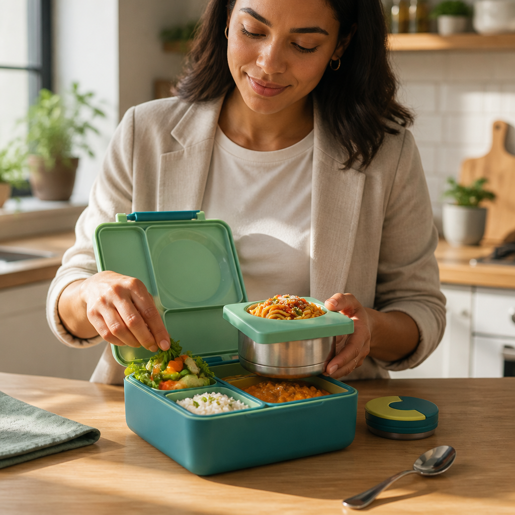 A young professional packing fresh salad, rice, and warm curry into a colorful Bento Box at a tidy sunlit kitchen counter in the morning