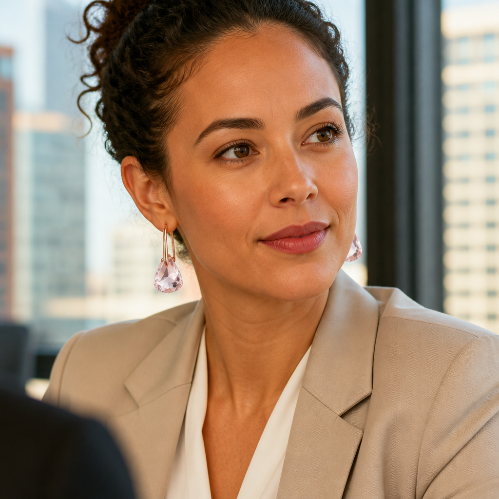 Lunar earrings worn by a confident businesswoman in a clean modern office, soft pink crystals catching natural window light