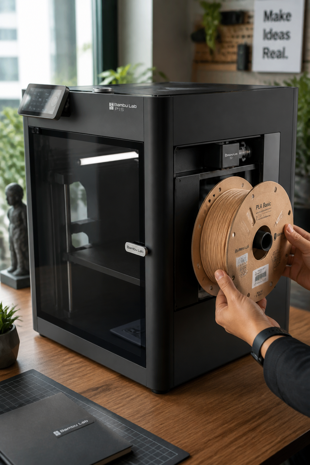 A pair of hands sliding a natural-colored PLA spool into the Bambu Printer's side material hub, warm afternoon desk light catching the spool