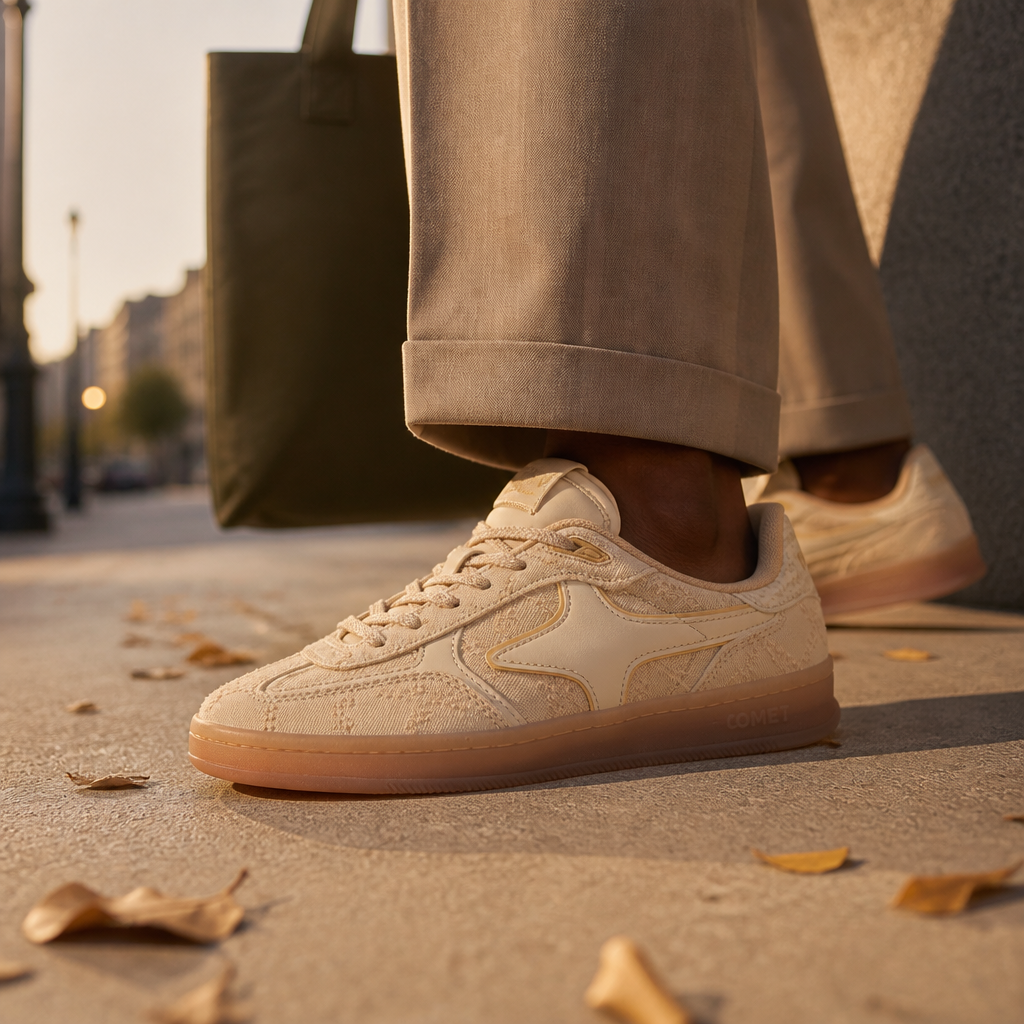 Well-dressed person in urban minimalist setting wearing Aeres HALO shoes, exuding subtle sophistication and understated elegance in warm golden-hour lighting