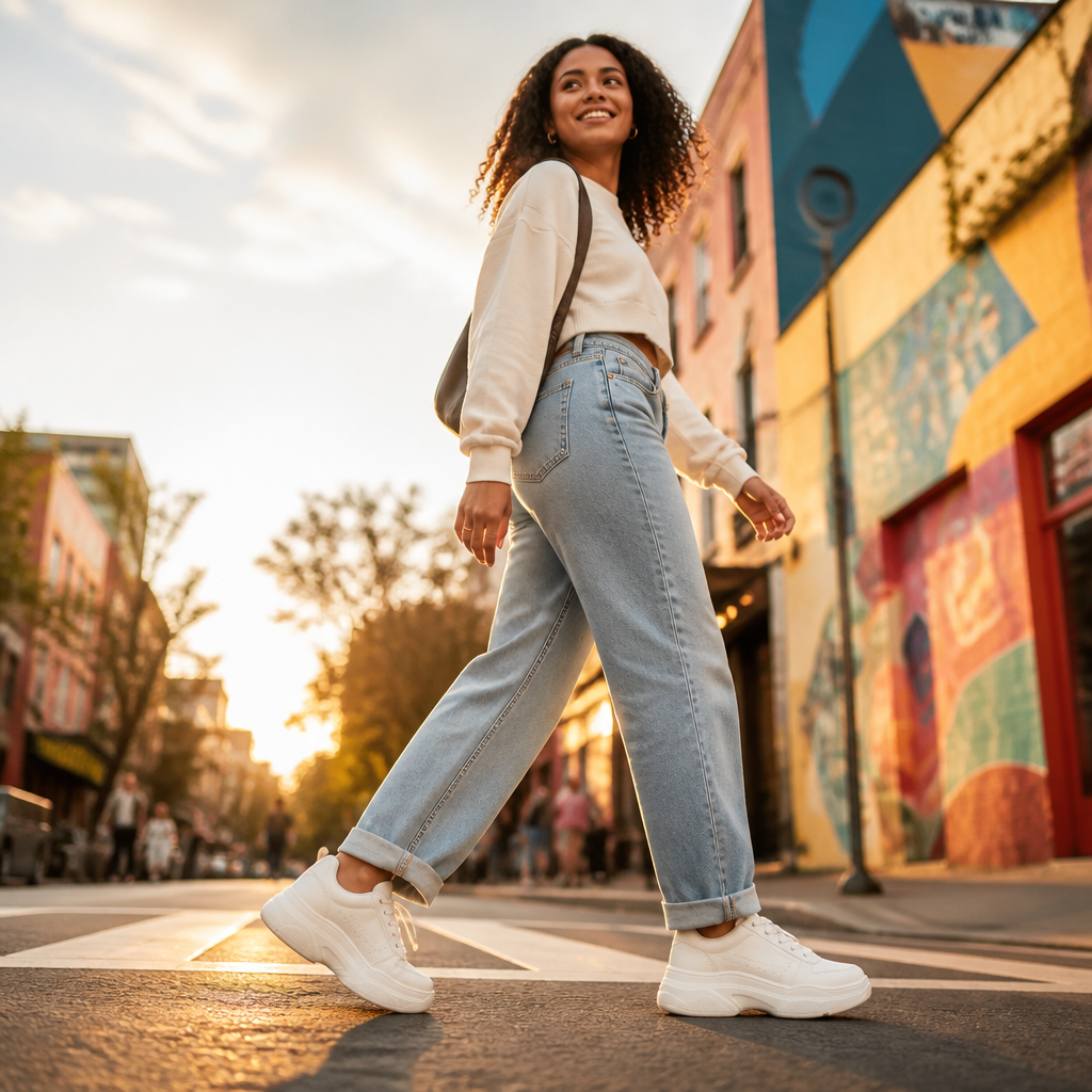 Happy customer wearing Nike Sneakers 3 while walking through a colorful city street during golden hour