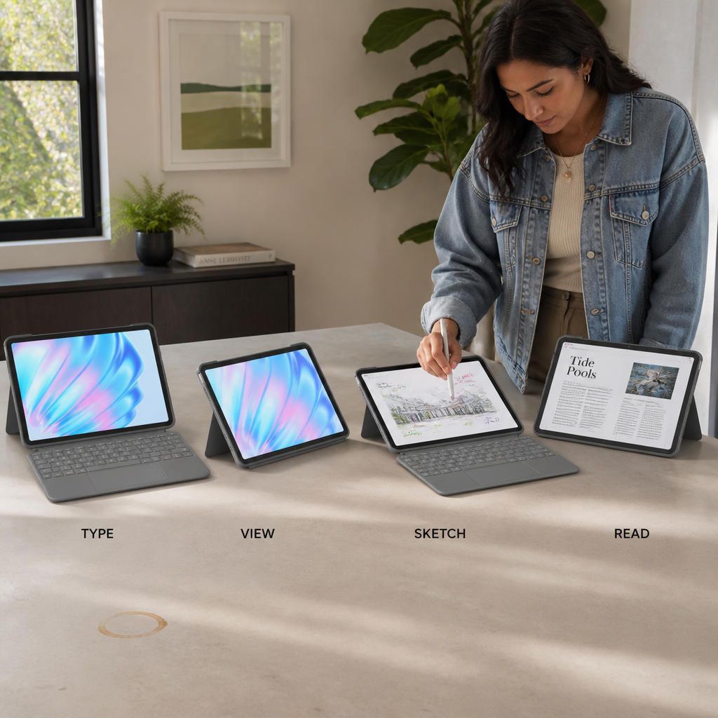 Combo Touch displayed in all four modes side by side showing type view sketch and read positions on a clean surface