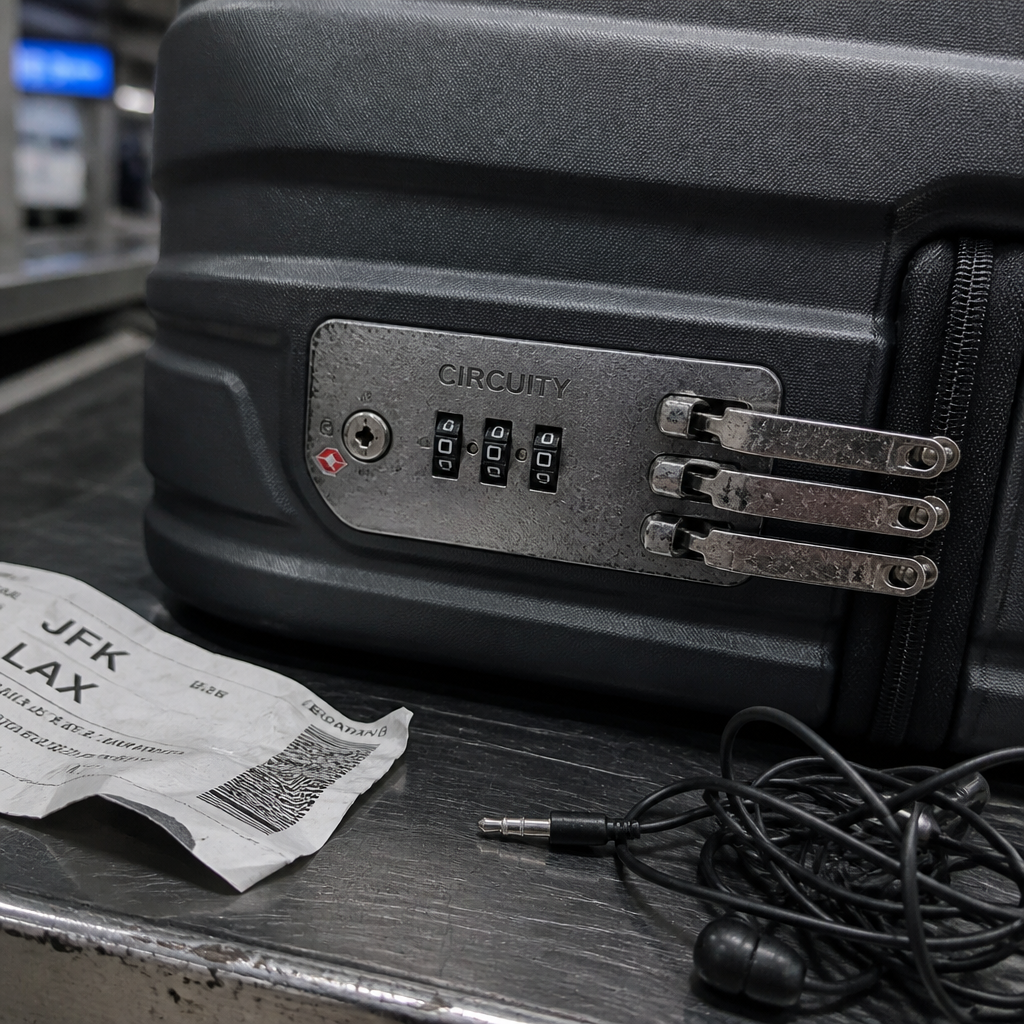 Generic luggage with jammed combination lock showing scratched metal and frustration, representing security failures