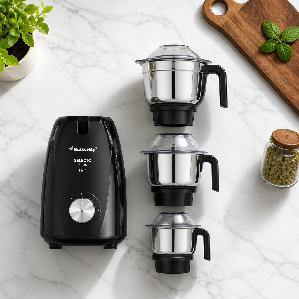 Premium product shot of the Selecto Plus 3-in-1 with all three jars neatly stacked beside the sleek black motor base on a clean white marble counter