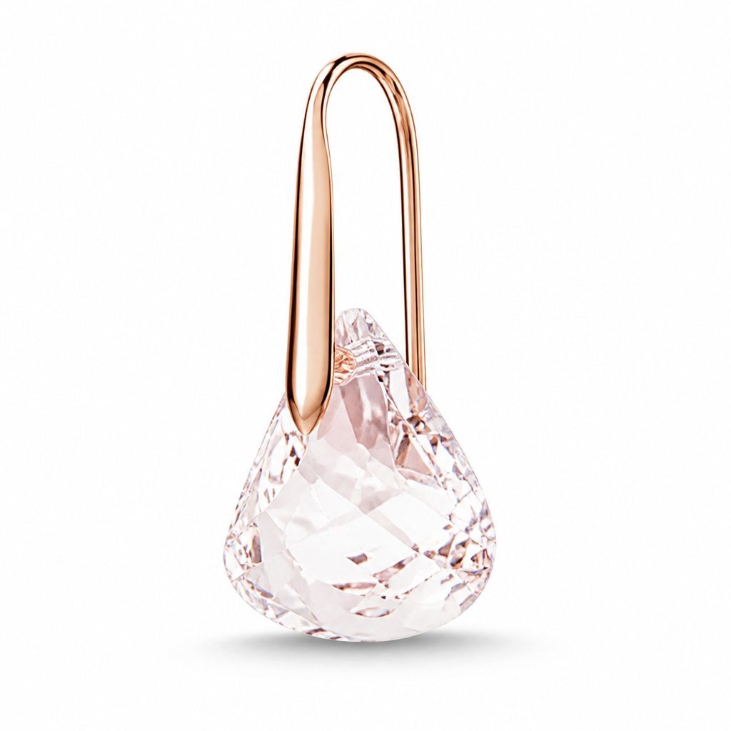 Detailed macro product shot of a single Lunar Drop earring on a clean white background showing the faceted pink crystal and the 18K rose gold finish in sharp detail