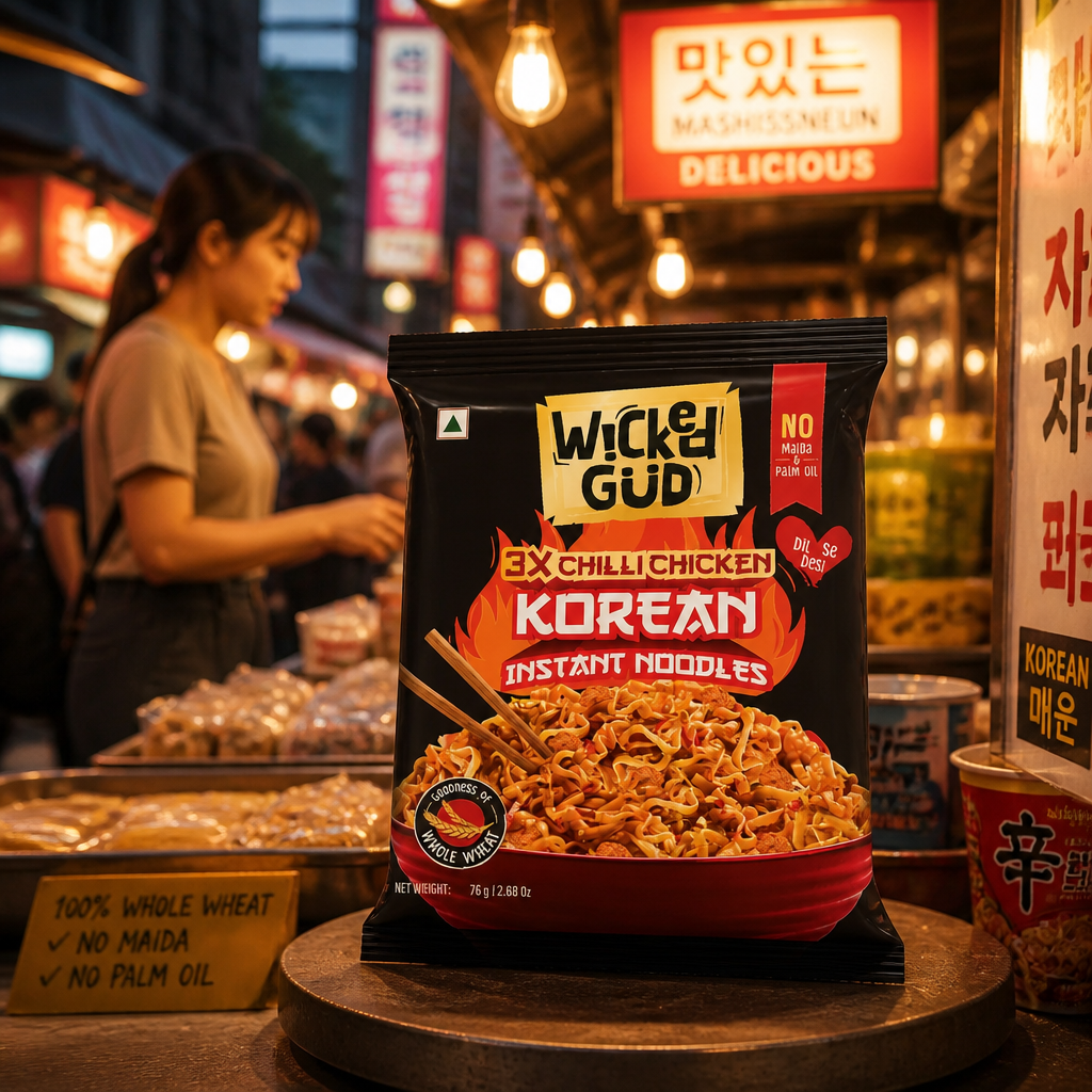 Product pack shot with Korean street market background, warm lighting, showing the 3x chilli chicken noodles packaging
