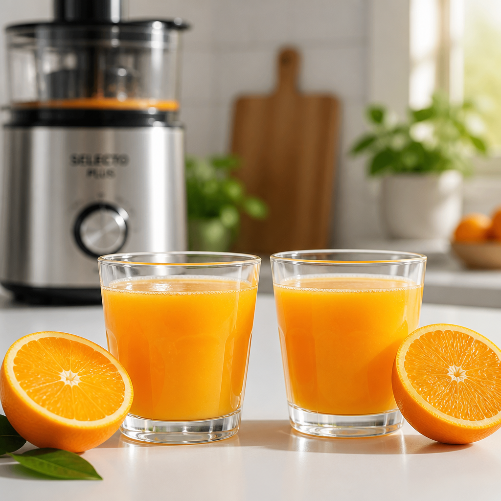 Side-by-side comparison glass of identical fresh orange juice from the Selecto Plus juicer, with halved oranges beside it, bright editorial lighting on white background