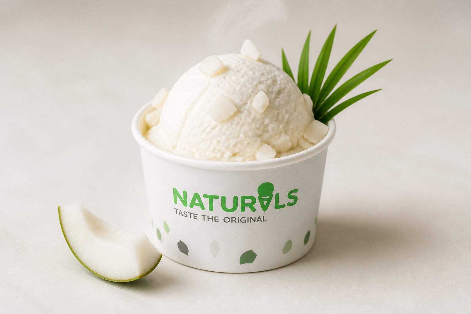 Elegant cup of Tender Coconut ice cream with visible coconut pieces, tropical garnish, fresh and creamy appearance