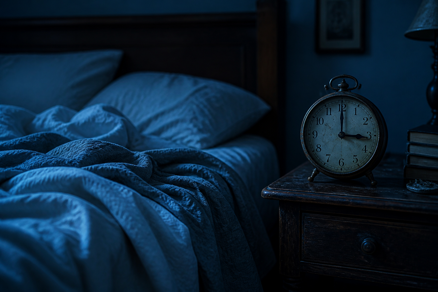 Split image: left side shows a messy bed with multiple thin blankets pulled up messily, right side shows an old clock on nightstand showing 3 AM with cold blue lighting
