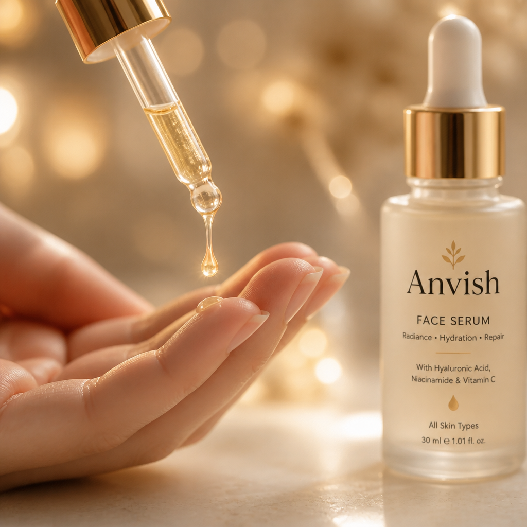 Macro close-up shot of a single golden serum drop falling onto fingertips with soft creamy bokeh background, sparkling reflection, editorial beauty photography, warm cream tones