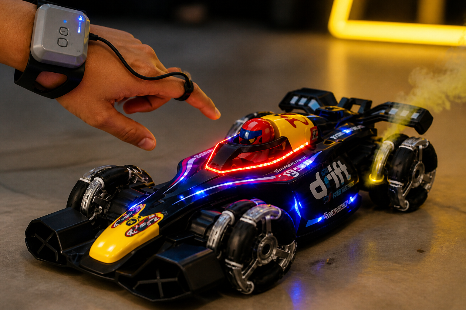 GRAPHENE RC F1 Double Spray variant &mdash; open-wheel F1 racer with dual side-mounted smoke sprayers glowing under yellow neon lights